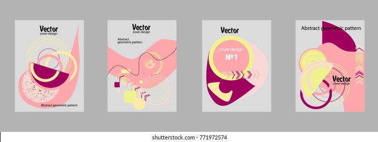 Covers templates set with bauhaus, memphis and hipster style graphic geometric elements. Applicable for placards, brochures, posters, covers and banners.