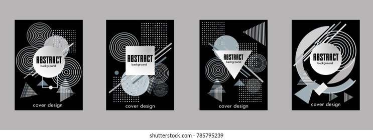 Covers templates set with bauhaus, memphis and hipster style graphic geometric elements. Applicable for placards, brochures, posters, covers and banners.