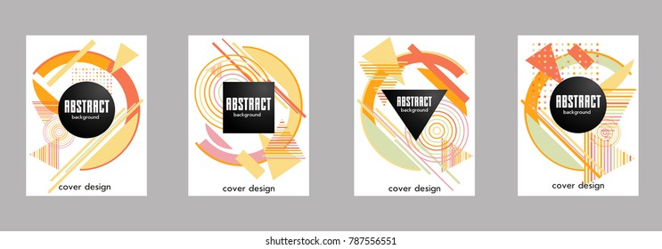 Covers templates set with bauhaus, memphis and hipster style graphic geometric elements. Applicable for placards, brochures, posters, covers and banners.