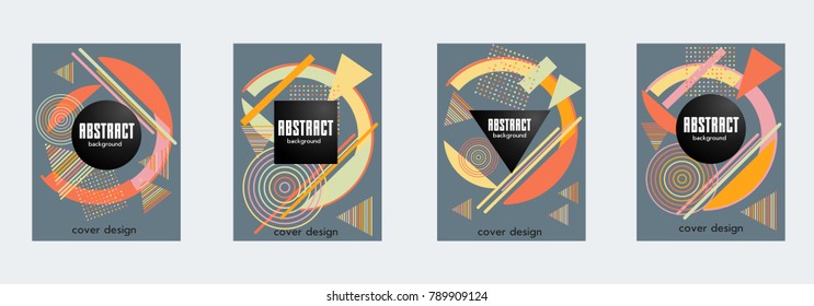 Covers templates set with bauhaus, memphis and hipster style graphic geometric elements. Applicable for placards, brochures, posters, covers and banners.