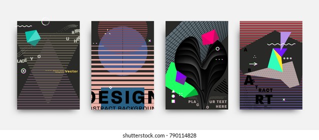 Covers templates set with bauhaus, memphis and hipster style graphic geometric elements. Applicable for placards, brochures, posters, covers and banners. Vector illustrations.