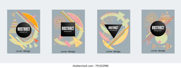 Covers templates set with bauhaus, memphis and hipster style graphic geometric elements. Applicable for placards, brochures, posters, covers and banners.