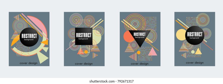 Covers templates set with bauhaus, memphis and hipster style graphic geometric elements. Applicable for placards, brochures, posters, covers and banners.