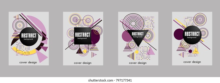 Covers templates set with bauhaus, memphis and hipster style graphic geometric elements. Applicable for placards, brochures, posters, covers and banners.