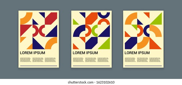 Covers templates set with bauhaus style geometric elements. Applicable for posters, cover annual report, brochures, banners. Vector illustration. EPS 10.