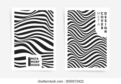 Covers templates set with black simple abstract wavy lines elements. A4 geometric dynamic pattern for poster, presentation, catalog, brochure, placard, booklet, report, cover design. Vector layouts. 