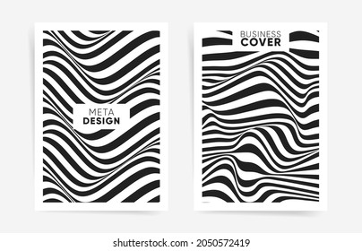 Covers templates set with black and white abstract wavy lines elements. Geometric dynamic pattern for poster, presentation, catalog, brochure, placard, booklet, report, cover design. Vector layouts. 