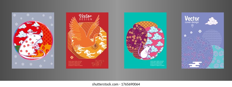 Covers templates set with clouds, funny mouse, stork, and Patterns in Modern Style, geometric ornate shapes. Applicable for placards, brochures, posters, covers and banners.