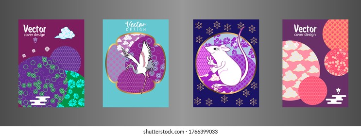 Covers templates set with clouds, funny mouse, stork, and Patterns in Modern Style, geometric ornate shapes. Applicable for placards, brochures, posters, covers and banners.