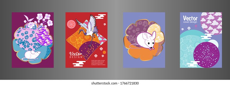 Covers templates set with clouds, funny mouse, stork, and Patterns in Modern Style, geometric ornate shapes. Applicable for placards, brochures, posters, covers and banners.