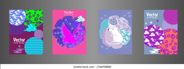 Covers templates set with clouds, funny mouse, stork, and Patterns in Modern Style, geometric ornate shapes. Applicable for placards, brochures, posters, covers and banners.