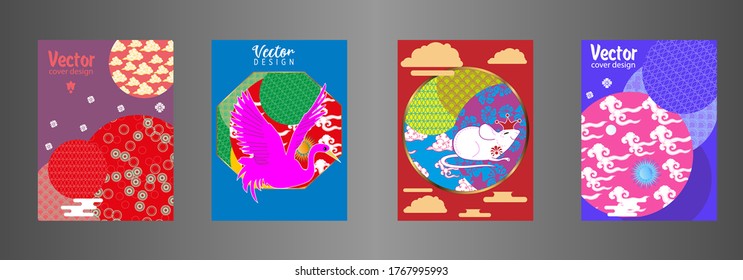 Covers templates set with clouds, funny mouse, stork, and Patterns in Modern Style, geometric ornate shapes. Applicable for placards, brochures, posters, covers and banners.