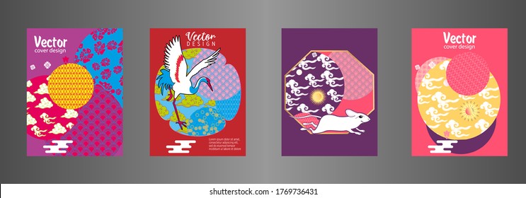 Covers templates set with clouds, funny mouse, stork, and Patterns in Modern Style, geometric ornate shapes. Applicable for placards, brochures, posters, covers and banners.