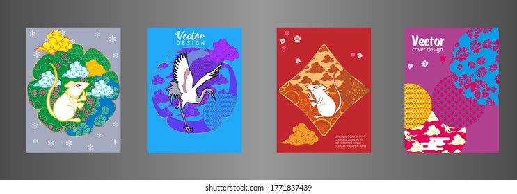 Covers templates set with clouds, funny mouse, stork, and Patterns in Modern Style, geometric ornate shapes. Applicable for placards, brochures, posters, covers and banners.