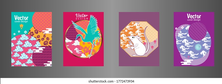 Covers templates set with clouds, funny mouse, stork, and Patterns in Modern Style, geometric ornate shapes. Applicable for placards, brochures, posters, covers and banners.