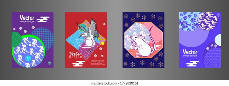 Covers templates set with clouds, funny mouse, stork, and Patterns in Modern Style, geometric ornate shapes. Applicable for placards, brochures, posters, covers and banners.