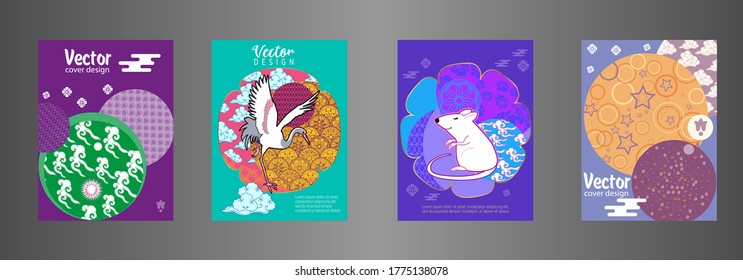 Covers templates set with clouds, funny mouse, stork, and Patterns in Modern Style, geometric ornate shapes. Applicable for placards, brochures, posters, covers and banners.