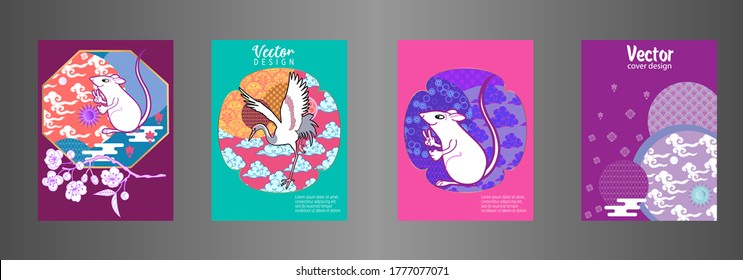 Cubre plantillas establecidas con nubes, ratón divertido, cigüeña y patrones en estilo moderno, formas geométricas ornamentadas. Aplicable a carteles, folletos, carteles, portadas y carteles.