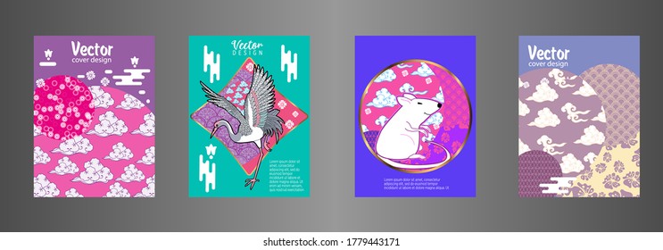 Covers templates set with clouds, funny mouse, stork, and Patterns in Modern Style, geometric ornate shapes. Applicable for placards, brochures, posters, covers and banners.