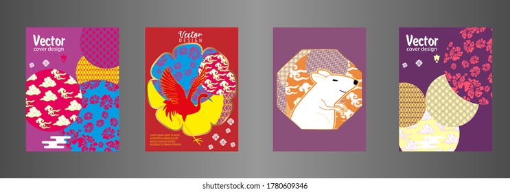 Covers templates set with clouds, funny mouse, stork, and Patterns in Modern Style, geometric ornate shapes. Applicable for placards, brochures, posters, covers and banners.