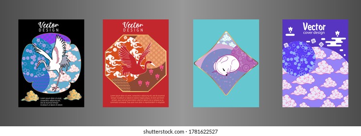 Covers templates set with clouds, funny mouse, stork, and Patterns in Modern Style, geometric ornate shapes. Applicable for placards, brochures, posters, covers and banners.