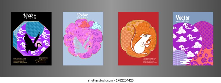 Covers templates set with clouds, funny mouse, stork, and Patterns in Modern Style, geometric ornate shapes. Applicable for placards, brochures, posters, covers and banners.