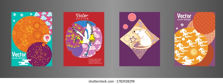 Covers templates set with clouds, funny mouse, stork, and Patterns in Modern Style, geometric ornate shapes. Applicable for placards, brochures, posters, covers and banners.
