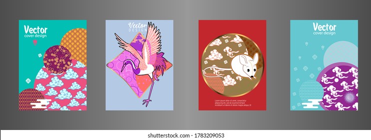 Covers templates set with clouds, funny mouse, stork, and Patterns in Modern Style, geometric ornate shapes. Applicable for placards, brochures, posters, covers and banners.