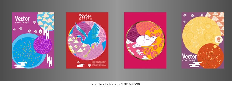 Covers templates set with clouds, funny mouse, stork, and Patterns in Modern Style, geometric ornate shapes. Applicable for placards, brochures, posters, covers and banners.