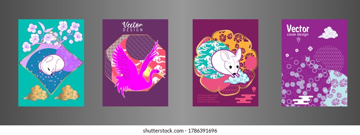Covers templates set with clouds, funny mouse, stork, and Patterns in Modern Style, geometric ornate shapes. Applicable for placards, brochures, posters, covers and banners.