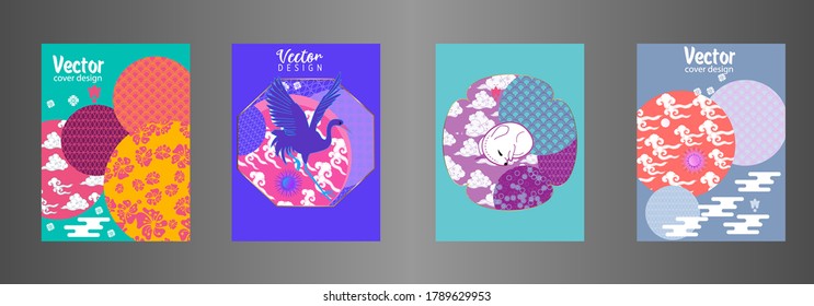 Covers templates set with clouds, funny mouse, stork, and Patterns in Modern Style, geometric ornate shapes. Applicable for placards, brochures, posters, covers and banners.