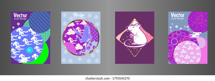 Covers templates set with clouds, funny mouse, stork, and Patterns in Modern Style, geometric ornate shapes. Applicable for placards, brochures, posters, covers and banners.