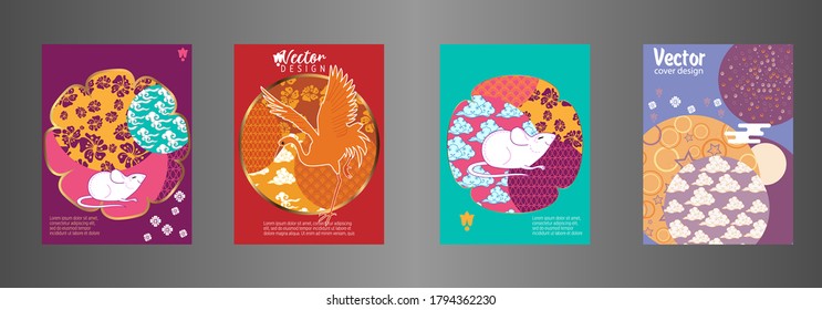 Cubre plantillas establecidas con nubes, ratón divertido, cigüeña y patrones en estilo moderno, formas geométricas ornamentadas. Aplicable a carteles, folletos, carteles, portadas y carteles.