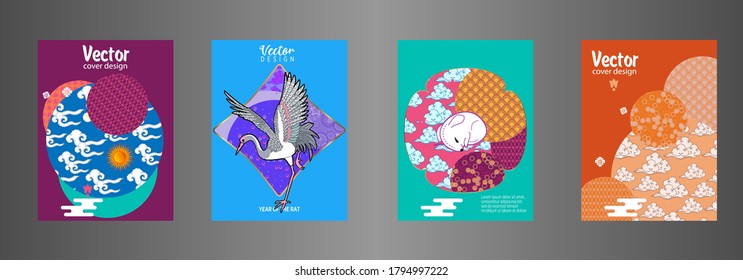 Covers templates set with clouds, funny mouse, stork, and Patterns in Modern Style, geometric ornate shapes. Applicable for placards, brochures, posters, covers and banners.