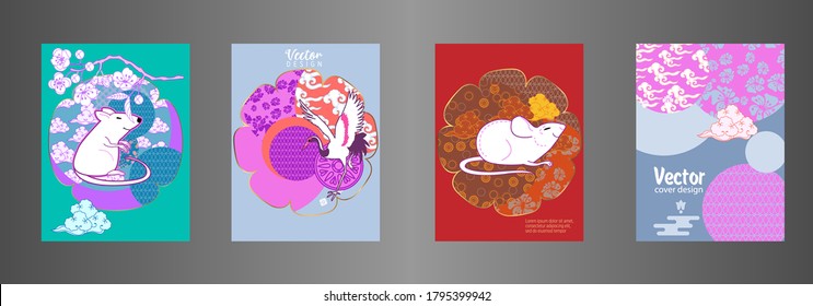 Covers templates set with clouds, funny mouse, stork, and Patterns in Modern Style, geometric ornate shapes. Applicable for placards, brochures, posters, covers and banners.