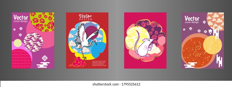 Covers templates set with clouds, funny mouse, stork, and Patterns in Modern Style, geometric ornate shapes. Applicable for placards, brochures, posters, covers and banners.