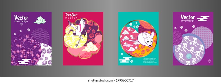 Covers templates set with clouds, funny mouse, stork, and Patterns in Modern Style, geometric ornate shapes. Applicable for placards, brochures, posters, covers and banners.