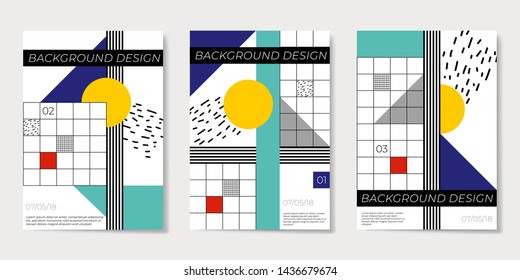 Covers templates set with flat geometric pattern in blue, white, green, yellow and red colors. Applicable for placards, brochures, posters, covers and banners. Vector illustrations.