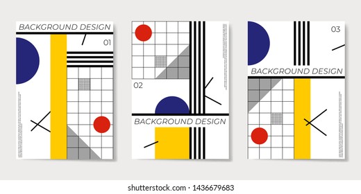 Covers templates set with flat geometric pattern in blue, white, yellow and red colors. Applicable for placards, brochures, posters, covers and banners. Vector illustrations.