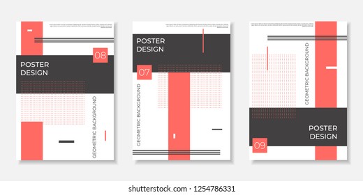 Covers templates set with geometric elements in black and trendy coral colors. Applicable for placards, brochures, posters, covers and banners. Vector illustrations.