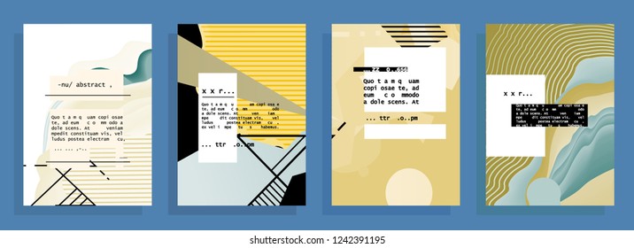 Covers templates set with graphic geometric elements. Applicable for brochures, posters, covers and banners. Vector illustrations. Abstract shapes