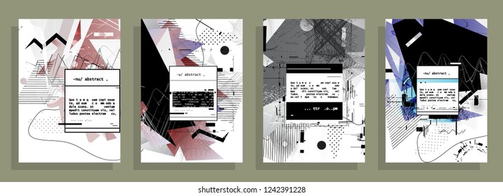 Covers templates set with graphic geometric elements. Applicable for brochures, posters, covers and banners. Vector illustrations. Abstract shapes