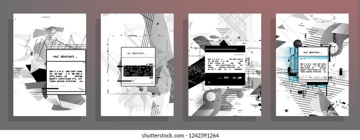 Covers templates set with graphic geometric elements. Applicable for brochures, posters, covers and banners. Vector illustrations. Abstract shapes