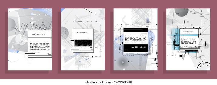 Covers templates set with graphic geometric elements. Applicable for brochures, posters, covers and banners. Vector illustrations. Abstract shapes