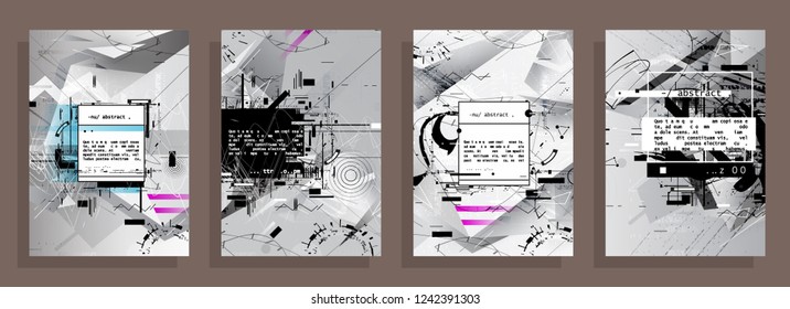 Covers templates set with graphic geometric elements. Applicable for brochures, posters, covers and banners. Vector illustrations. Abstract shapes