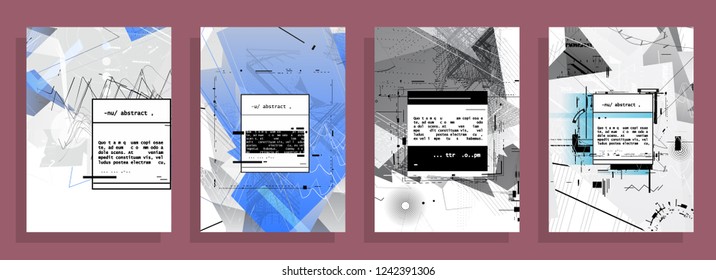 Covers templates set with graphic geometric elements. Applicable for brochures, posters, covers and banners. Vector illustrations. Abstract shapes