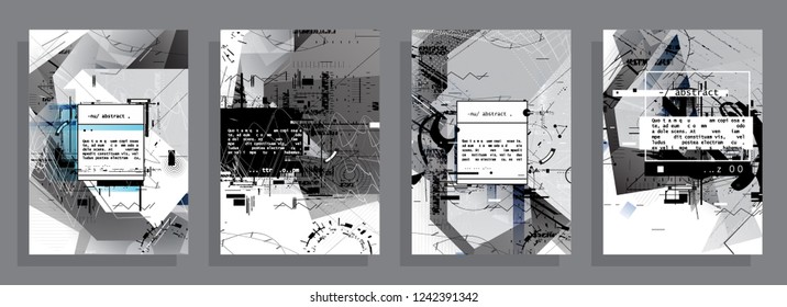 Covers templates set with graphic geometric elements. Applicable for brochures, posters, covers and banners. Vector illustrations. Abstract shapes