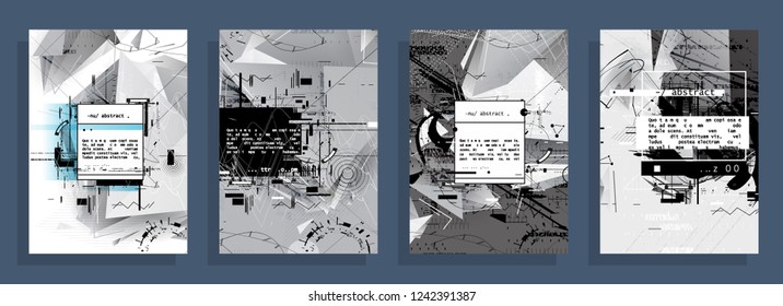 Covers templates set with graphic geometric elements. Applicable for brochures, posters, covers and banners. Vector illustrations. Abstract shapes