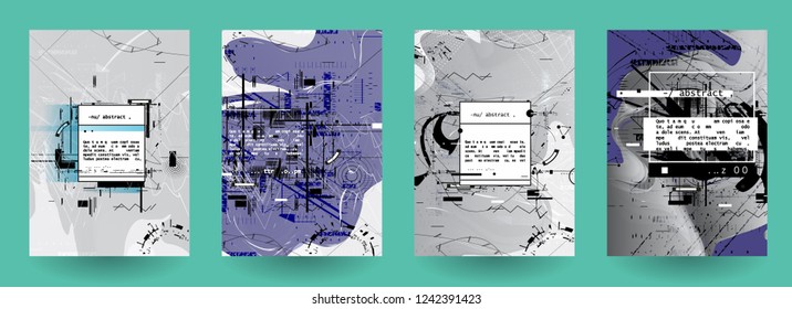 Covers templates set with graphic geometric elements. Applicable for brochures, posters, covers and banners. Vector illustrations. Abstract shapes