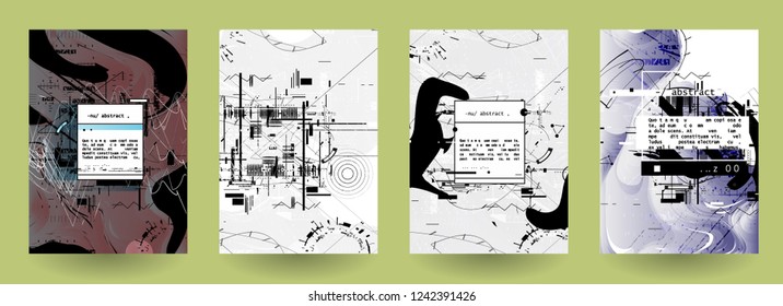 Covers templates set with graphic geometric elements. Applicable for brochures, posters, covers and banners. Vector illustrations. Abstract shapes